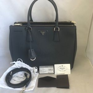 PRADA Lux Leather Double Handle Bag-Navy Blue